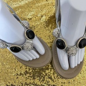 Black and Rhinestone Jeweled Silver Wedge Sandal